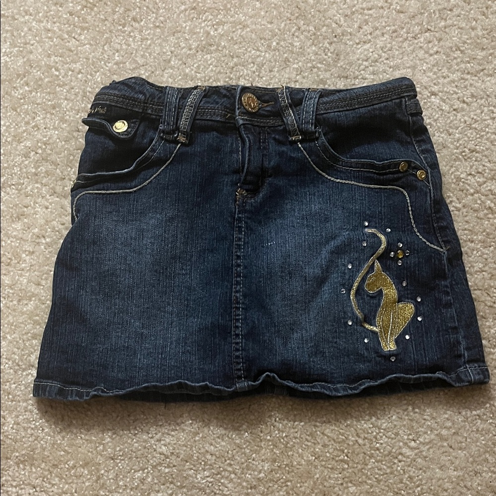 Y2K Baby Phat Denim Skirt Cat Logo Girls Size 8 Blue Jean Mini